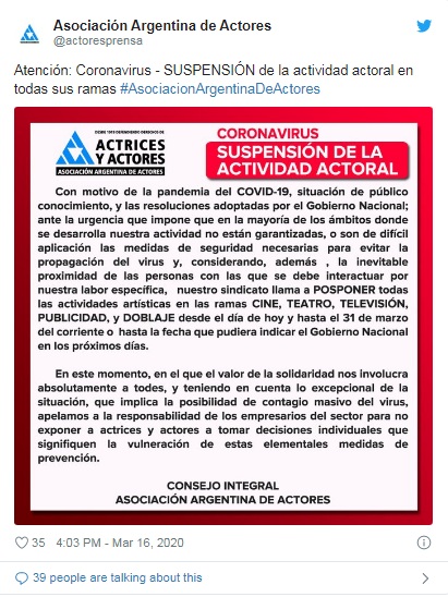 Tuit la Asociación Argentina de actores