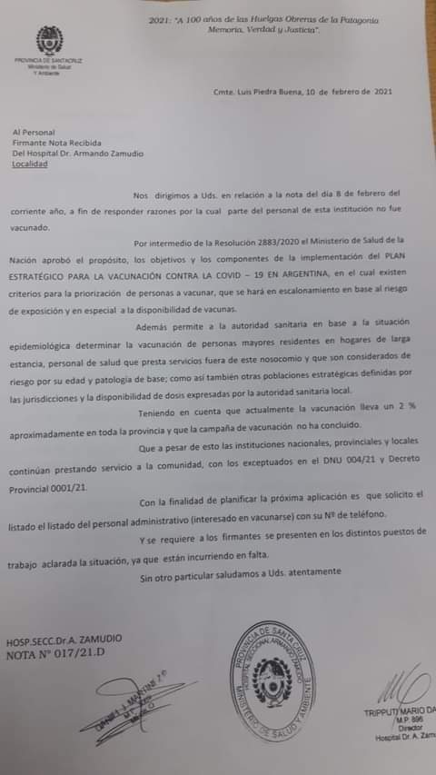 Nota del Director del Hospital.