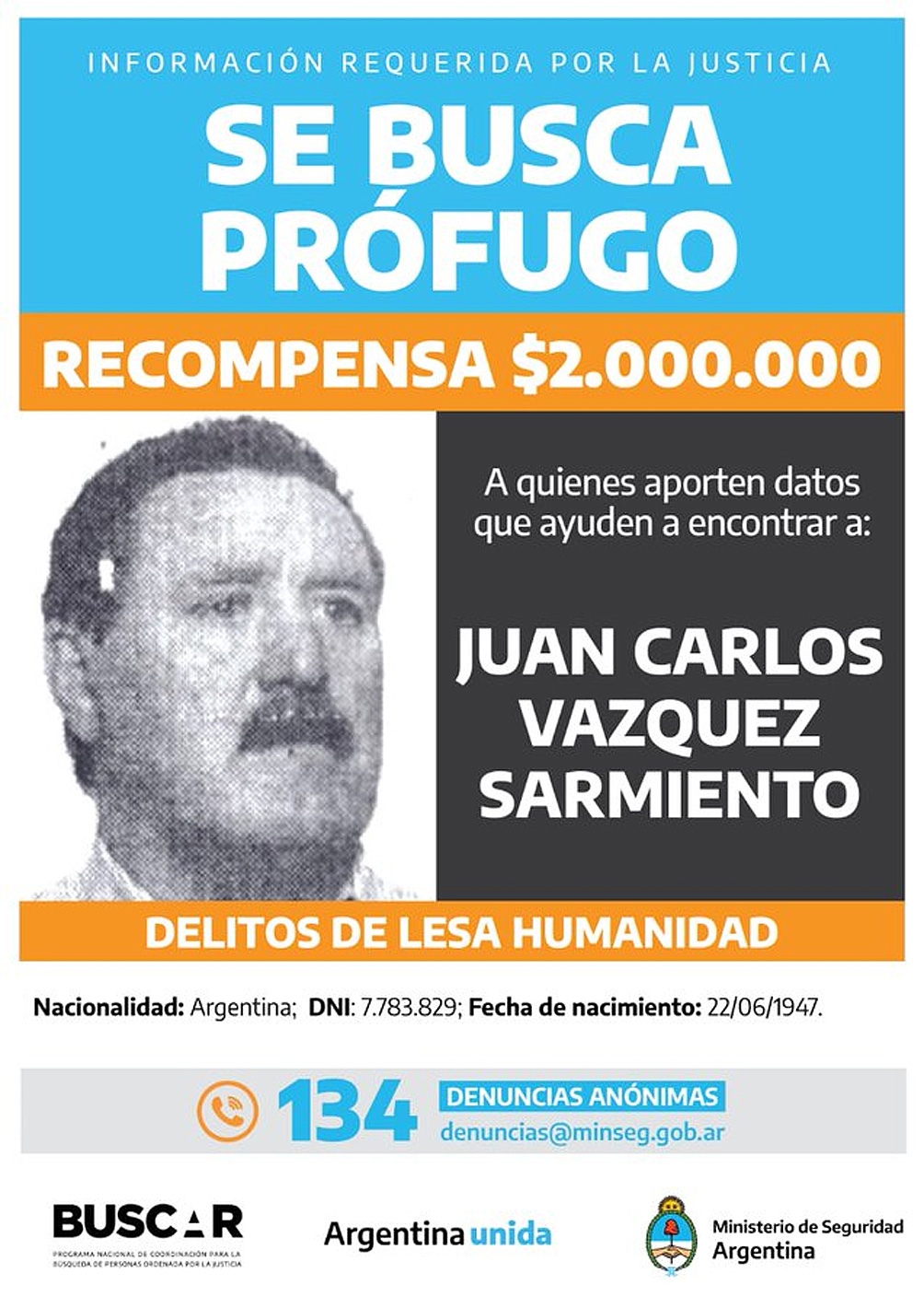 Juan Carlos Vázquez Sarmiento estuvo prófugo durante 18 años.