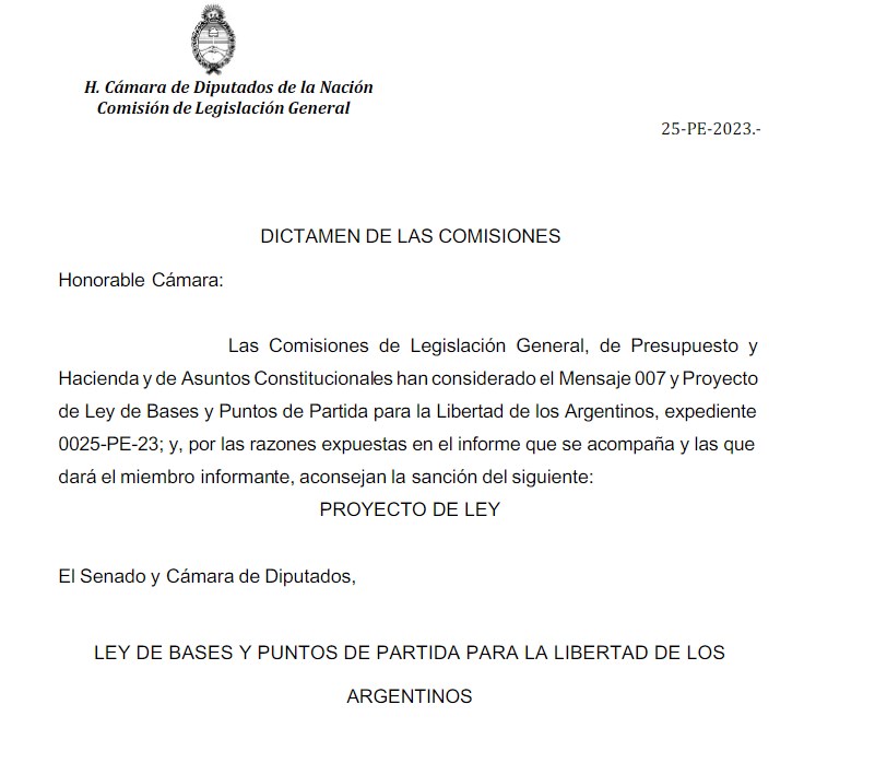 Ley ómnibus: este es el dictamen de mayoría que aprobó el oficialismo ...