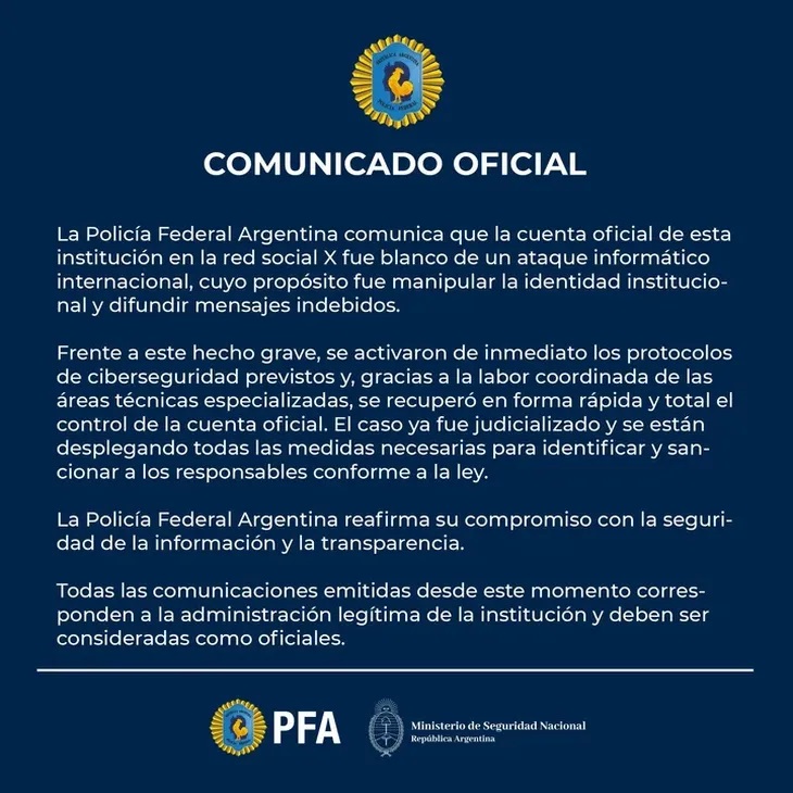 <br/>
El comunicado oficial de la PFA ante el ciberataque.<br/>
PFA