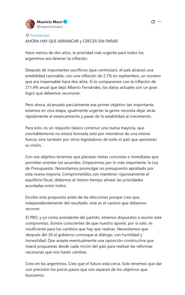 El texto que compartió Macri