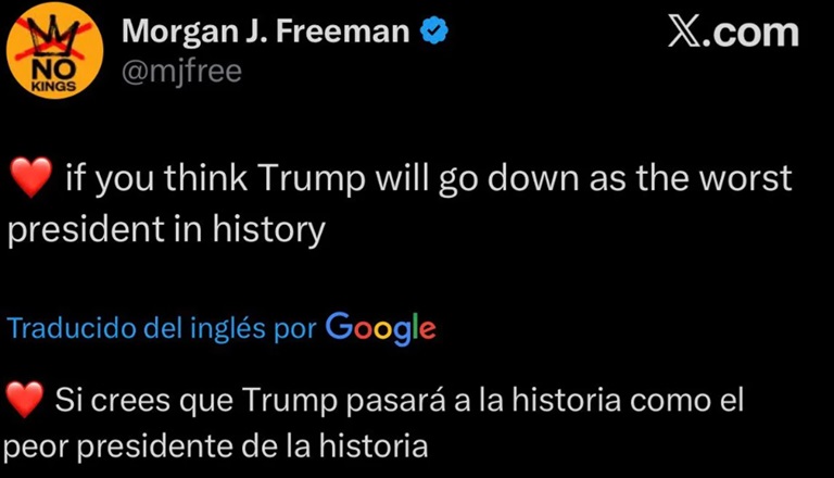 Captura de la publicaci&oacute;n en X de Morgan Freeman. AGENCIA NA