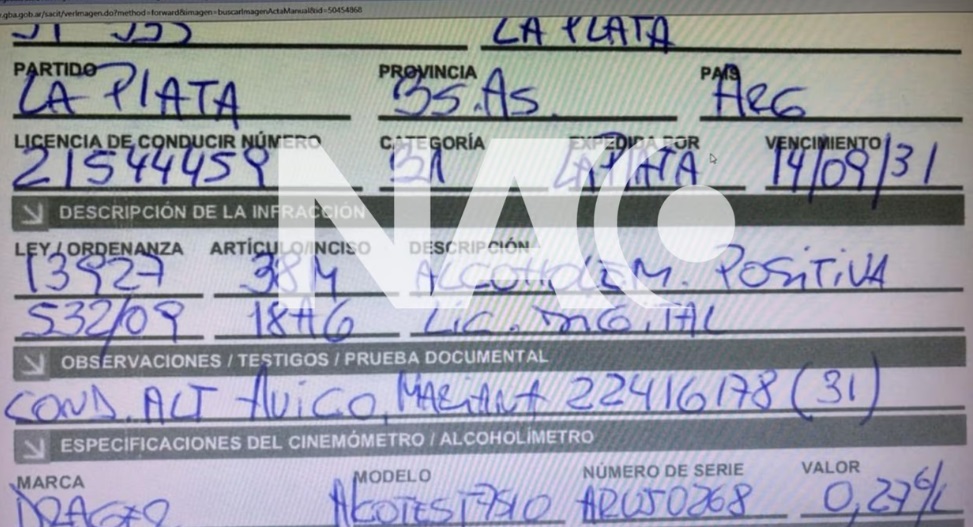 Acta confeccionada durante el control de tr&aacute;nsito/Agencia NA